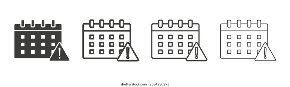Calendar exclamation icons set. Liner outlined and flat black color