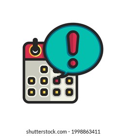 Calendar with exclamation mark filled outline icons. Vector illustration. Editable stroke. Isolated icon suitable for web, infographics, interface and apps.