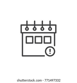 Calendar with exclamation mark line icon, outline vector sign, linear style pictogram isolated on white. Deadline day calendar page symbol, logo illustration. Editable stroke