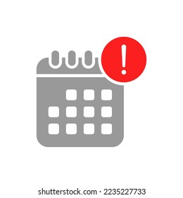 Calendar with an exclamation mark. Schedule error notification. Delay flat icon isolated on white background. Vector illustration