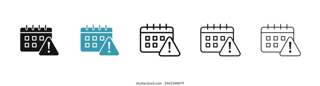 Calendar exclamation vector icon set. important deadline vector symbol. expiry date sign. tomorrow warning mark message calendar icon for UI designs.