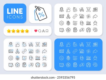 Calendar, Face detection and Sound check line icons for web app. Message, Share, Like social media icons. Pack of Discount tags, Natural linen, Fireworks rocket pictogram icons. Vector