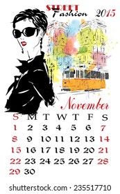 Calendar with fashion girl. Sketch-girl illustration