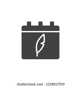 Calendar with feather ink pen vector icon. filled flat sign for mobile concept and web design. Copywriting simple solid icon. Symbol, logo illustration. Pixel perfect vector graphics