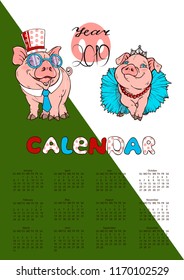 A calendar featuring pigs dressed in costumes, vector illustration