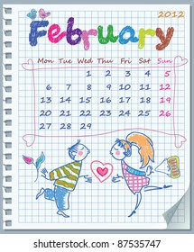 Calendar for February 2012. Week starts on Monday. Leaf torn from a notebook into a cell. Illustration of Valentine's Day.  Exercise book in a cage.