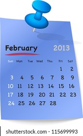 Calendar for february 2013 on blue sticky note attached with blue pin. Sundays first. Vector illustration
