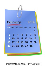 Calendar for february 2014 on colorful sticky notes attached with metallic clip. Sundays first. Vector illustration