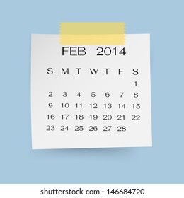 Calendar February 2014 on white paper note in blue background. Vector illustration.