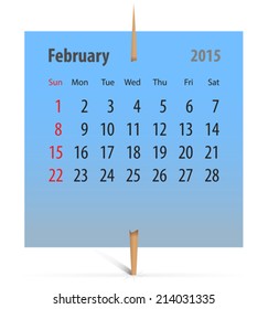 Calendar for February 2015 on a blue sticker attached with toothpick. Vector illustration