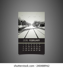 Calendar February 2015 Template with Snowy Background. Vector Illustration