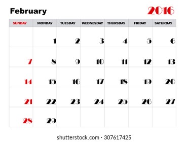 Calendar February 2016  in English
