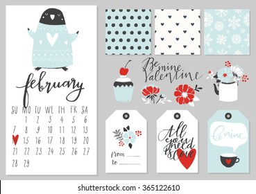 Calendar for february 2016 with penguin. Elements, tags, patterns, bouquets and calendar for Valentine's Day.