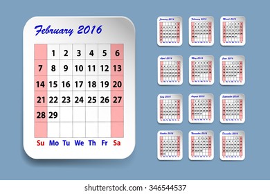 Calendar for February 2016. Twelve monthly sheets are on the right side of the vector. Calendar for February  is on the left side. All is on the trendy blue background.