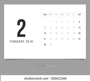 Calendar February 2016 vector design template - Minimalism Style