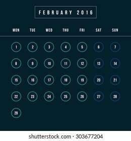 Calendar February 2016 vector design template - Minimalism Style