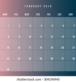 Calendar February 2016 vector design template - Minimalism Style