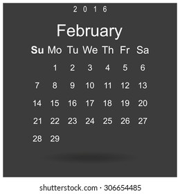 Calendar February 2016 vector design. Week starts from Sunday.