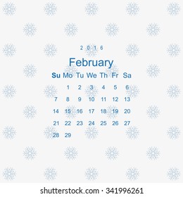 Calendar February 2016 vector design. Week starts from Sunday. snowflakes on a white background