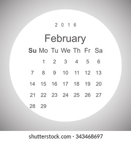 Calendar February 2016 vector design. Week starts from Sunday.