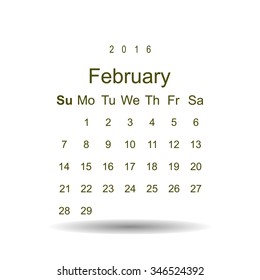 Calendar February 2016 vector design. Week starts from Sunday.