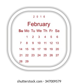 Calendar February 2016 vector design. Week starts from Sunday.