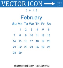 Calendar February 2016 vector design. Week starts from Sunday. icon