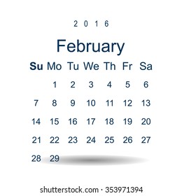 Calendar February 2016 vector design. Week starts from Sunday. icon