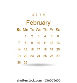 Calendar February 2016 vector design. Week starts from Sunday. icon