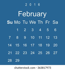 Calendar February 2016 vector design. Week starts from Sunday. icon, vector illustration. Modern design. Flat design style