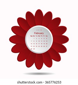 Calendar February 2016 vector design. Week starts from Sunday. icon, vector illustration. Modern design. Flat design style, flower icon