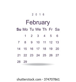 Calendar February 2016 vector design. Week starts from Sunday. icon