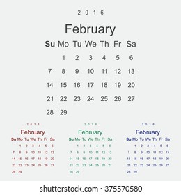 Calendar February 2016 vector design. Week starts from Sunday.