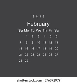 Calendar February 2016 vector design. Week starts from Sunday.