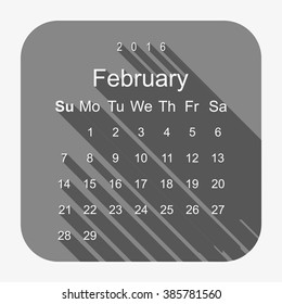 Calendar February 2016 vector design. Week starts from Sunday.