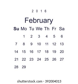 Calendar February 2016 vector design. Week starts from Sunday.