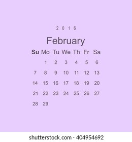 Calendar February 2016 vector design. Week starts from Sunday.