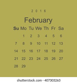 Calendar February 2016 vector design. Week starts from Sunday.