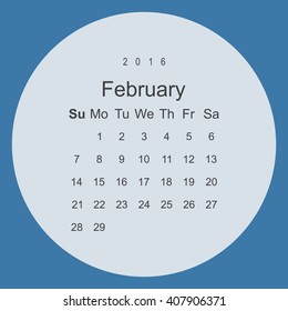 Calendar February 2016 vector design. Week starts from Sunday.