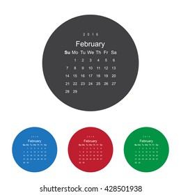 Calendar February 2016 vector design. Week starts from Sunday.