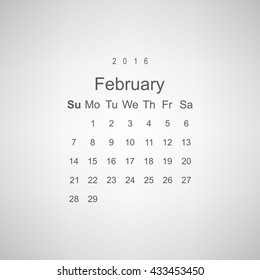 Calendar February 2016 vector design. Week starts from Sunday.
