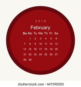 Calendar February 2016 vector design. Week starts from Sunday.