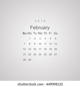 Calendar February 2016 vector design. Week starts from Sunday.