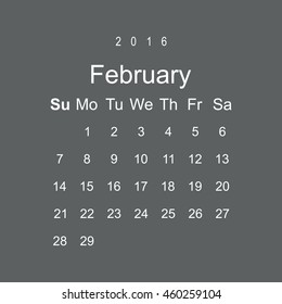 Calendar February 2016 vector design. Week starts from Sunday.