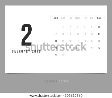 Calendar February 2016 vector design template - Minimalism Style