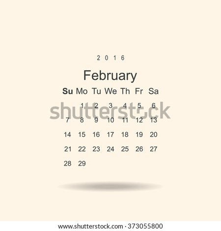 Calendar February 2016 vector design. Week starts from Sunday.