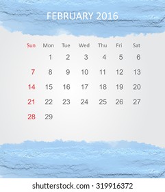 Calendar for february 2016.Vector illustration.