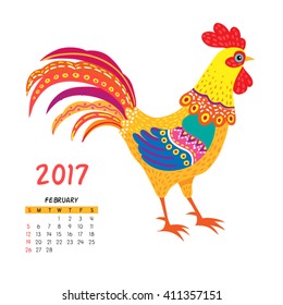 Calendar for february 2017 isolated on white,  with the rooster - symbol of the year.
