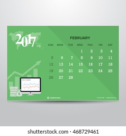 Calendar for February 2017 on Green background. Payment Dashboard Technology Banner with world map transparent background. Week Starts Sunday. Vector Design Print Template