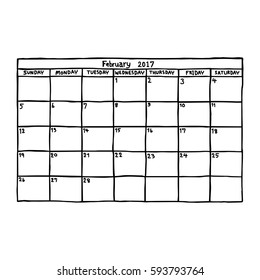 calendar February 2017 - vector illustration sketch hand drawn with black lines, isolated on white background